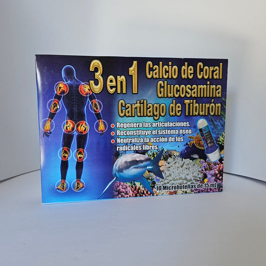 Vitamina 3 en 1: Calcio de Coral, Glucosamina y Cartilago de Tiburon